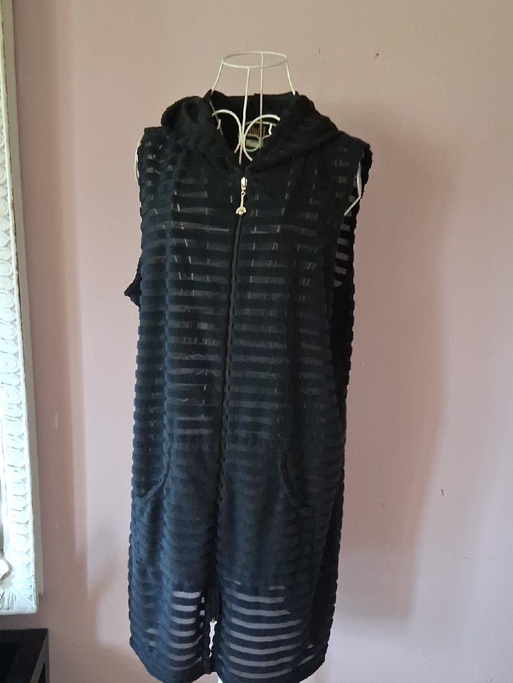 Dotti Dahlia Black Striped Hooded Swim Cover-Up Vest Large